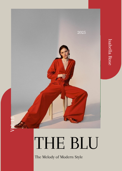 Người mẫu mặc ác khoác mỏng đỏ thời thượng tạo dáng trên bìa tạp chí THE BLU – The Blu Store