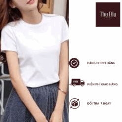 Áo phông nữ chất cotton thiết kế khuyết cổ đính tag