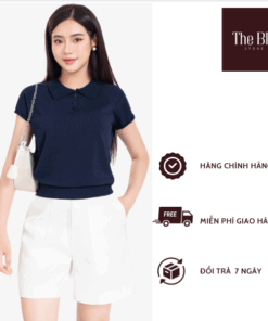 Áo polo nữ dệt kim màu xanh đen