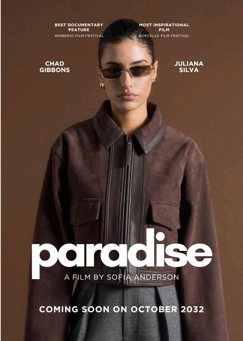 Người mẫu nữ đeo kính râm, mặc áo khoác nâu da lộn thời trang thu đông trong poster “Paradise” – chiến dịch thời trang của TheBlu
