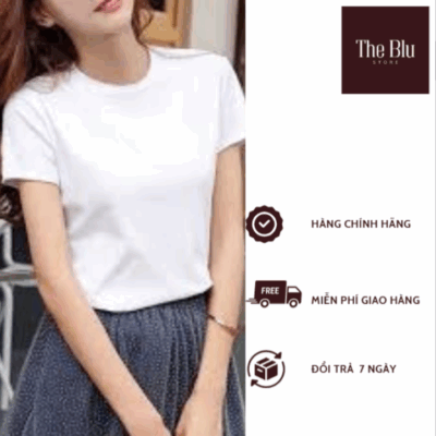 Áo phông nữ chất cotton thiết kế khuyết cổ đính tag